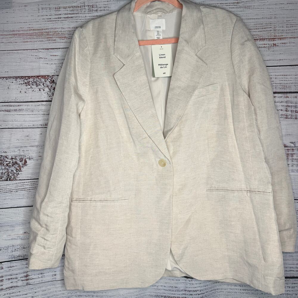 H&M Linen Blend Blazer Womens L Beige Cream Single Button NWT Quiet Luxury